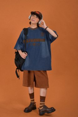 Handmade Vintage Denim Round Neck Distressed Loose Short Sleeve T-Shirt for Couples - Trendy Hip-Hop Unisex Style