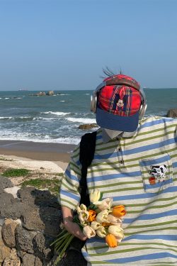 Handmade Vintage Striped Cow Embroidery Polo T-Shirt for Men and Women, Summer Loose Fit Short Sleeve Top, Trendy Casual Style