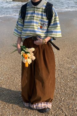 Handmade Vintage Striped Cow Embroidery Polo T-Shirt for Men and Women, Summer Loose Fit Short Sleeve Top, Trendy Casual Style