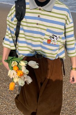 Handmade Vintage Striped Cow Embroidery Polo T-Shirt for Men and Women, Summer Loose Fit Short Sleeve Top, Trendy Casual Style