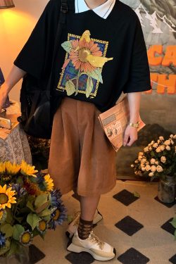 Handmade Vintage Sunflower Floral Collared Short Sleeve Polo Shirt for Unisex - Loose Fit Half Sleeve Top, Perfect for 90s and Y2K Style