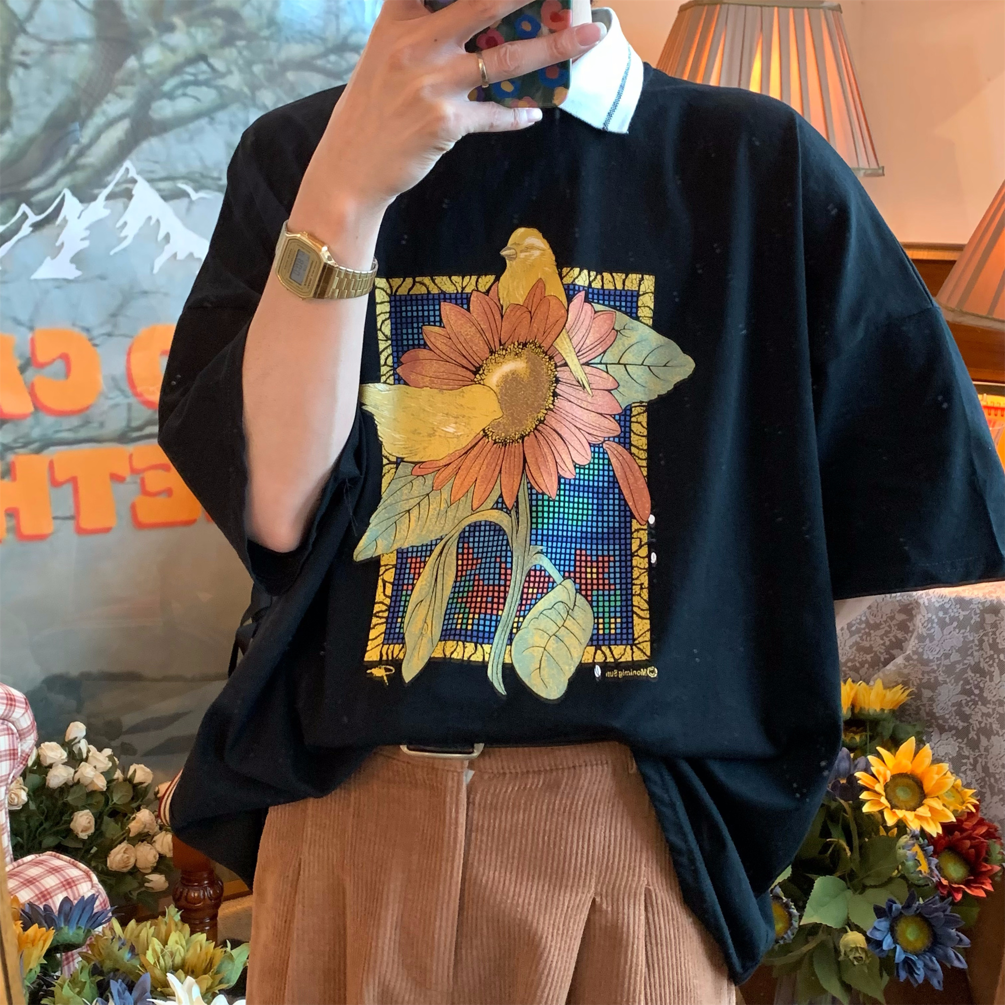 Handmade Vintage Sunflower Floral Collared Short Sleeve Polo Shirt for Unisex - Loose Fit Half Sleeve Top, Perfect for 90s and Y2K Style Handmade Vintage Sunflower Floral Collared Short Sleeve Polo Shirt for Unisex - Loose Fit Half Sleeve Top, Perfect for 90s and Y2K Style