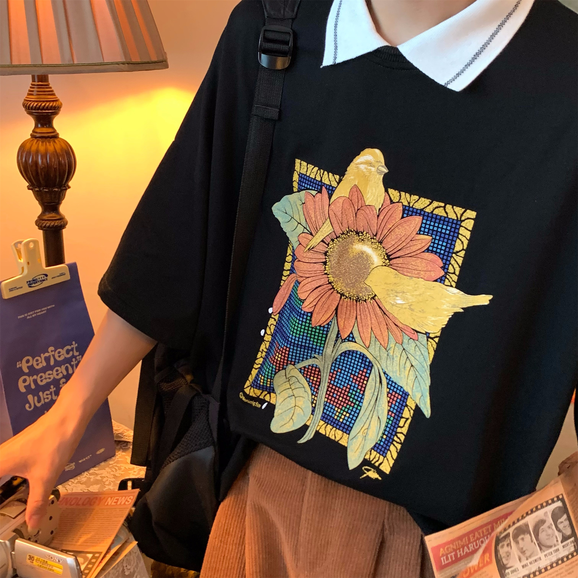 Handmade Vintage Sunflower Floral Collared Short Sleeve Polo Shirt for Unisex - Loose Fit Half Sleeve Top, Perfect for 90s and Y2K Style Handmade Vintage Sunflower Floral Collared Short Sleeve Polo Shirt for Unisex - Loose Fit Half Sleeve Top, Perfect for 90s and Y2K Style