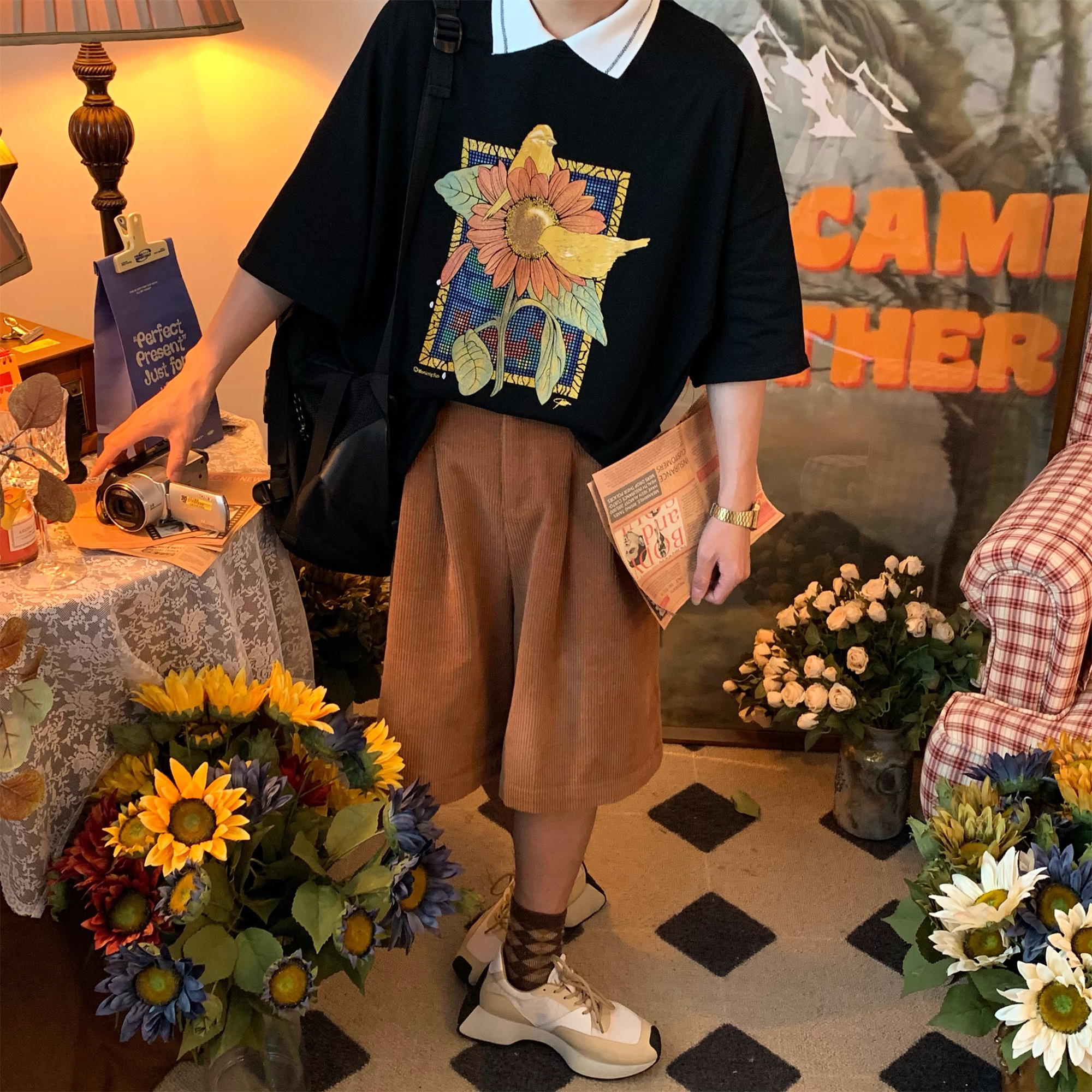 Handmade Vintage Sunflower Floral Collared Short Sleeve Polo Shirt Unisex Loose Fit Y2K Style Top Handmade Vintage Sunflower Floral Collared Short Sleeve Polo Shirt Unisex Loose Fit Y2K Style Top