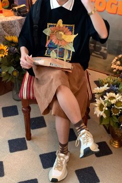 Handmade Vintage Sunflower Floral Collared Short Sleeve Polo Shirt Unisex Loose Fit Y2K Style Top