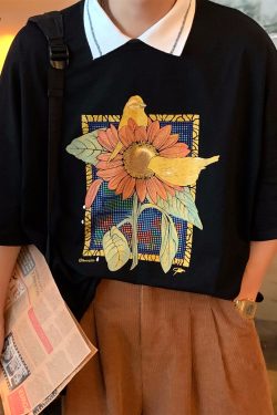 Handmade Vintage Sunflower Floral Collared Short Sleeve Polo Shirt Unisex Loose Fit Y2K Style Top
