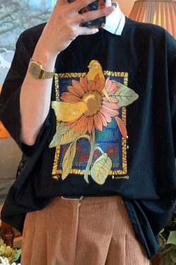Handmade Vintage Sunflower Floral Collared Short Sleeve Polo Shirt Unisex Loose Fit Y2K Style Top