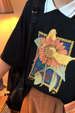 Handmade Vintage Sunflower Floral Collared Short Sleeve Polo Shirt Unisex Loose Fit Y2K Style Top