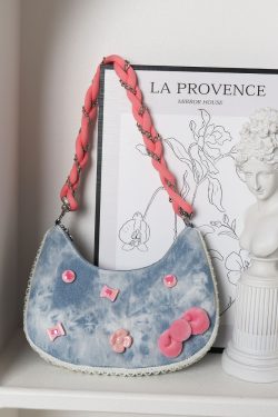 Handmade Woven Chain Crossbody Bag for Women - Cute Cat Cowboy Design, 2025 New Pink Underarm Bag, Stylish Y2K Fashion