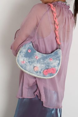 Handmade Woven Chain Crossbody Bag for Women - Cute Cat Cowboy Design, 2025 New Pink Underarm Bag, Stylish Y2K Fashion