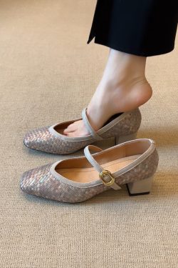 Handmade Woven One-Strap Chunky Heel Mary Jane Shoes for Women - Italian Style, Shallow Mouth Design, Trendy Fashion Footwear