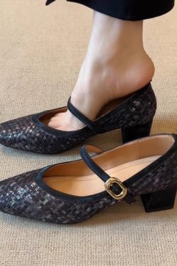 Handmade Woven One-Strap Chunky Heel Mary Jane Shoes for Women - Italian Style, Shallow Mouth Design, Trendy Fashion Footwear