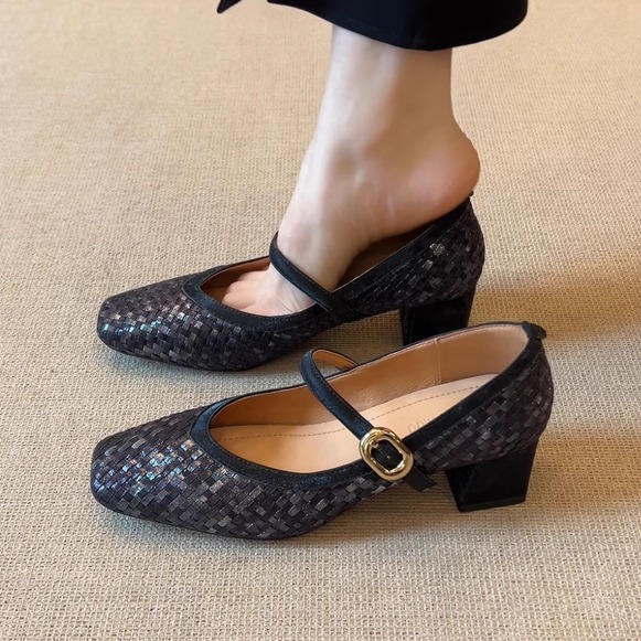 Handmade Woven One-Strap Chunky Heel Mary Jane Shoes for Women - Italian Style, Shallow Mouth Design, Trendy Fashion Footwear Handmade Woven One-Strap Chunky Heel Mary Jane Shoes for Women - Italian Style, Shallow Mouth Design, Trendy Fashion Footwear