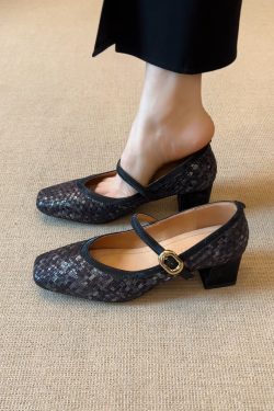 Handmade Woven One-Strap Chunky Heel Mary Jane Shoes for Women - Italian Style, Shallow Mouth Design, Trendy Fashion Footwear