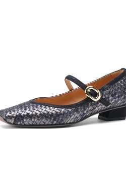 Handmade Woven One-Strap Chunky Heel Mary Jane Shoes for Women - Italian Style, Shallow Mouth Design, Trendy Fashion Footwear