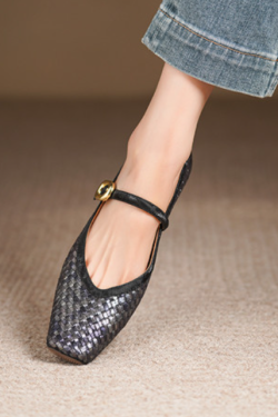 Handmade Woven One-Strap Chunky Heel Mary Jane Shoes for Women - Italian Style, Shallow Mouth Design, Trendy Fashion Footwear