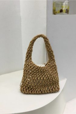 Handmade Woven Tote Bag - Cute Cotton Linen Hollow Net Beach Bag - Korean Style Handheld Accessory from Dongdaemun