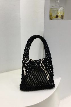 Handmade Woven Tote Bag - Cute Cotton Linen Hollow Net Beach Bag - Korean Style Handheld Accessory from Dongdaemun