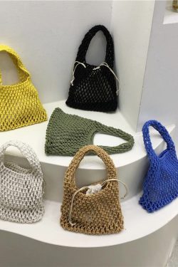 Handmade Woven Tote Bag - Cute Cotton Linen Hollow Net Beach Bag - Korean Style Handheld Accessory from Dongdaemun