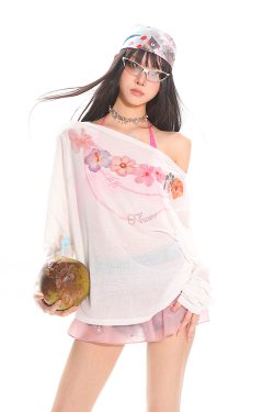 Hawaiian Floral Loose Sun Protection Cover-Up for Women - Sheer Long Sleeve Top for Summer Vacation Style