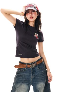 Heartbeat Cycle Letter Print Short Sleeve T-Shirt for Women - Summer Slim Fit Casual Top, Y2K Inspired Fashion