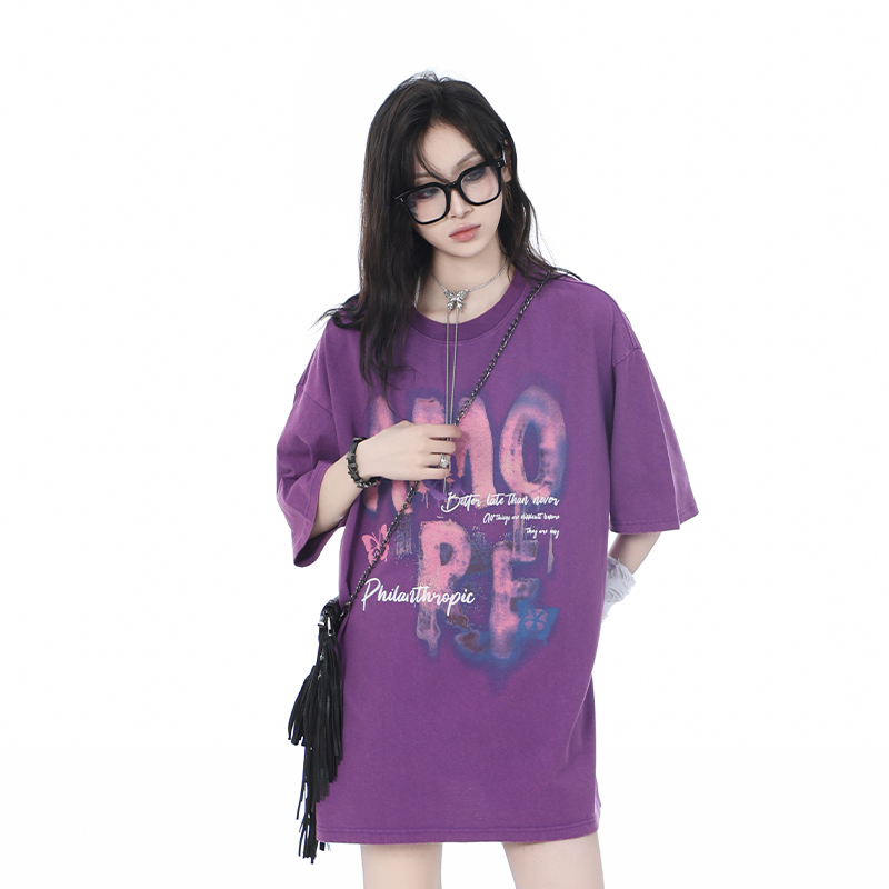 Heavy-Duty Washed Cotton Short-Sleeve T-Shirt for Women - American Trendy Summer Loose Fit, INS Style, Casual Mountain Print Heavy-Duty Washed Cotton Short-Sleeve T-Shirt for Women - American Trendy Summer Loose Fit, INS Style, Casual Mountain Print