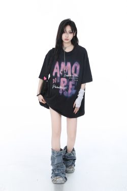 Heavy-Duty Washed Cotton Short-Sleeve T-Shirt for Women - American Trendy Summer Loose Fit, INS Style, Casual Mountain Print