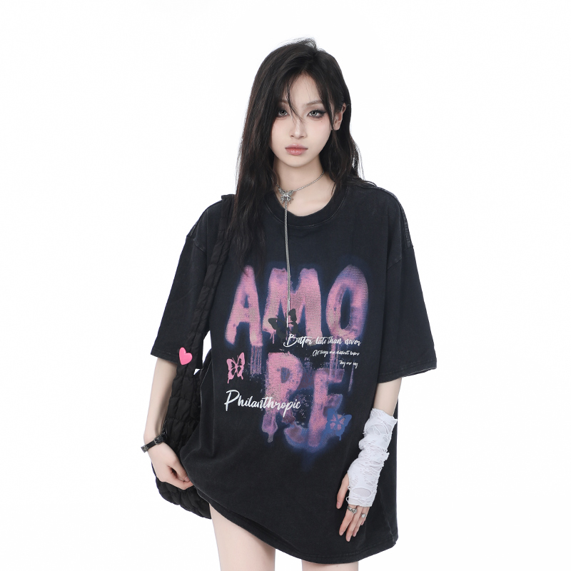 Heavy-Duty Washed Cotton Short-Sleeve T-Shirt for Women - American Trendy Summer Loose Fit, INS Style, Casual Mountain Print Heavy-Duty Washed Cotton Short-Sleeve T-Shirt for Women - American Trendy Summer Loose Fit, INS Style, Casual Mountain Print