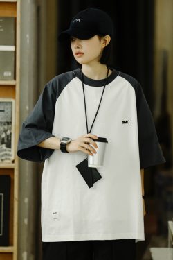 Heavyweight 280g Patchwork Retro T-Shirt for Men, Raglan Sleeve Loose Japanese Style Short Sleeve Top, Summer Trend 90s Fashion