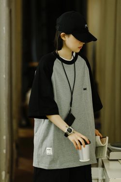 Heavyweight 280g Patchwork Retro T-Shirt for Men, Raglan Sleeve Loose Japanese Style Short Sleeve Top, Summer Trend 90s Fashion