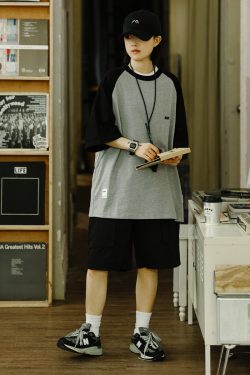 Heavyweight 280g Patchwork Retro T-Shirt for Men, Raglan Sleeve Loose Japanese Style Short Sleeve Top, Summer Trend 90s Fashion