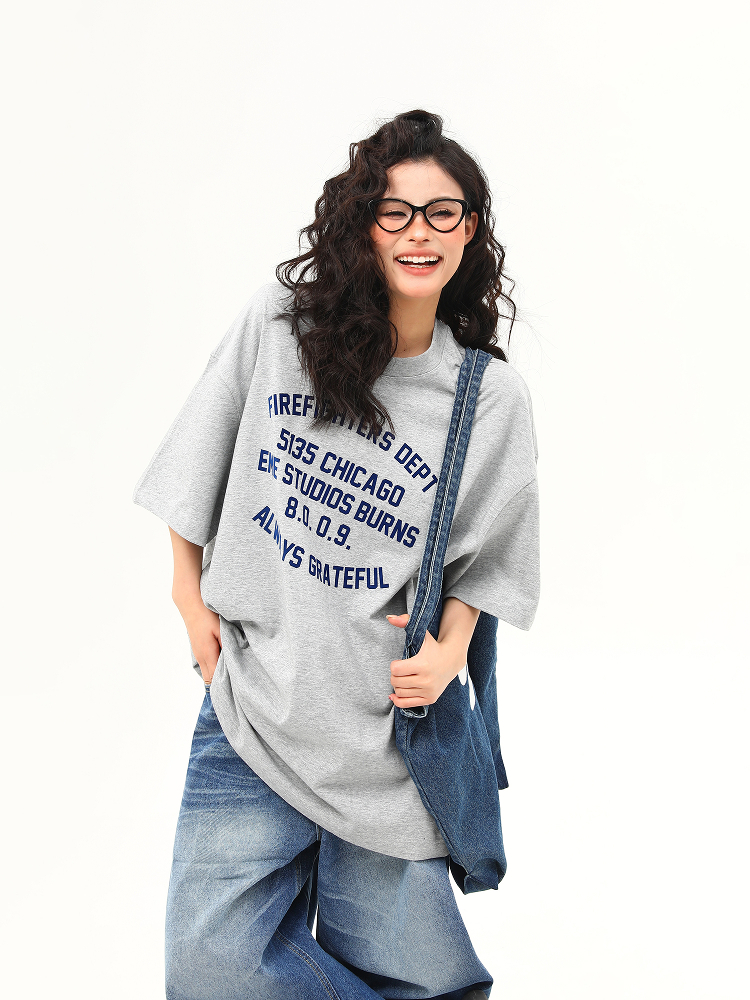 Heavyweight American Vintage Flocked Letter Short Sleeve T-Shirt for Women - Loose Fit, Versatile Summer Tee, 90s Inspired Fashion Heavyweight American Vintage Flocked Letter Short Sleeve T-Shirt for Women - Loose Fit, Versatile Summer Tee, 90s Inspired Fashion