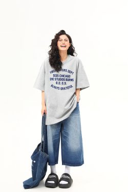 Heavyweight American Vintage Flocked Letter Short Sleeve T-Shirt for Women - Loose Fit, Versatile Summer Tee, 90s Inspired Fashion