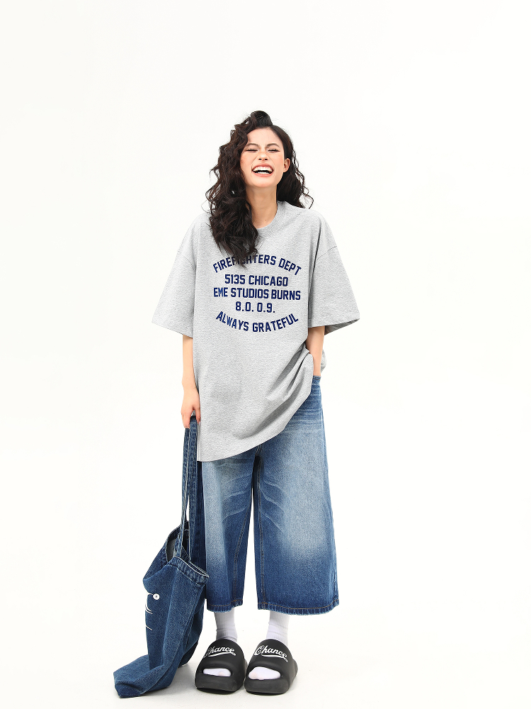 Heavyweight American Vintage Flocked Letter Short Sleeve T-Shirt for Women - Loose Fit, Versatile Summer Tee, 90s Inspired Fashion Heavyweight American Vintage Flocked Letter Short Sleeve T-Shirt for Women - Loose Fit, Versatile Summer Tee, 90s Inspired Fashion