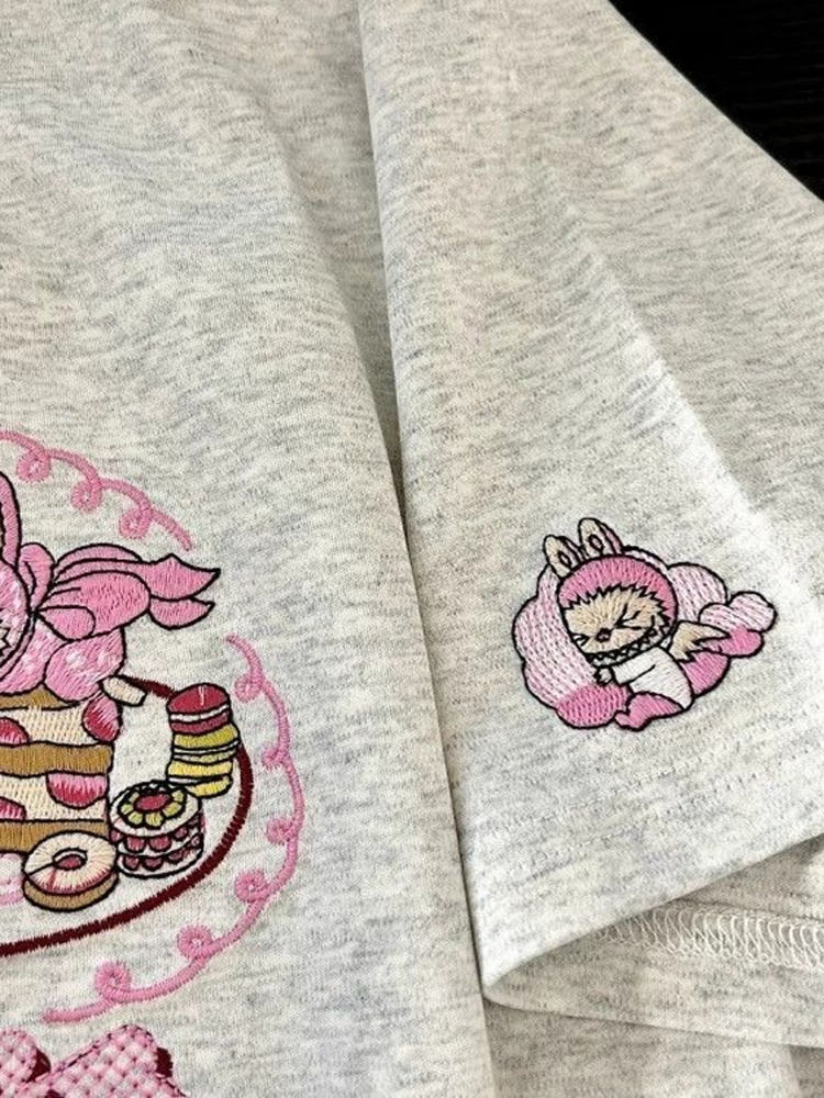 Heavyweight Embroidered Cartoon T-Shirt for Women - Cute Short Sleeve Summer Top in Gray - Age-Reducing Pure Cotton, 2025 Fashion Heavyweight Embroidered Cartoon T-Shirt for Women - Cute Short Sleeve Summer Top in Gray - Age-Reducing Pure Cotton, 2025 Fashion