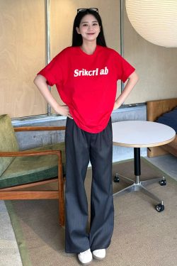 Heavyweight Red Letter Print T-Shirt for Women, Summer New Arrival, Short Sleeve Loose-Fitting Cotton Top, American Style Fashion