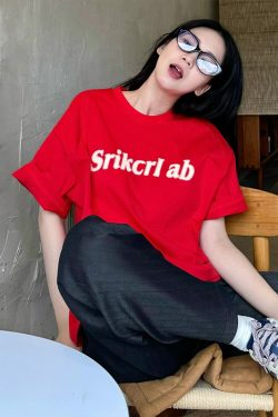 Heavyweight Red Letter Print T-Shirt for Women, Summer New Arrival, Short Sleeve Loose-Fitting Cotton Top, American Style Fashion