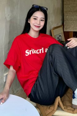 Heavyweight Red Letter Print T-Shirt for Women, Summer New Arrival, Short Sleeve Loose-Fitting Cotton Top, American Style Fashion