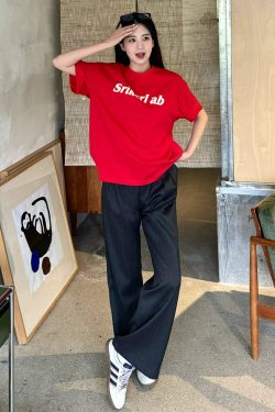 Heavyweight Red Letter Print T-Shirt for Women, Summer New Arrival, Short Sleeve Loose-Fitting Cotton Top, American Style Fashion