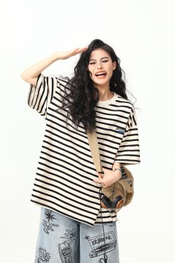 Heavyweight Striped Short Sleeve T-Shirt for Men and Women, Vintage 90s Loose Fit Couple Top, Versatile Casual Wear