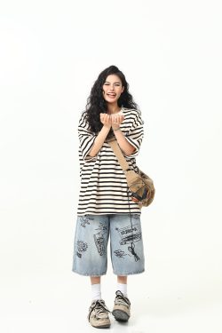 Heavyweight Striped Short Sleeve T-Shirt for Men and Women, Vintage 90s Loose Fit Couple Top, Versatile Casual Wear