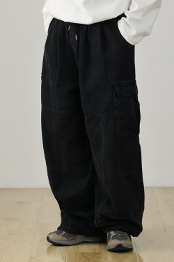 Heavyweight Vintage Japanese Denim Pants for Men | Loose Fit Elastic Waist Workwear Trousers | Casual Spring Autumn Style