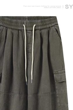 Heavyweight Vintage Japanese Denim Pants for Men | Loose Fit Elastic Waist Workwear Trousers | Casual Spring Autumn Style