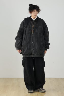 Heavyweight Vintage Japanese Denim Pants for Men | Loose Fit Elastic Waist Workwear Trousers | Casual Spring Autumn Style