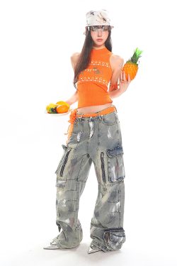 Heavyweight Water-Washed Vintage Multi-Pocket Straight-Leg Work Pants for Women - Summer Graffiti Loose Slimming Style