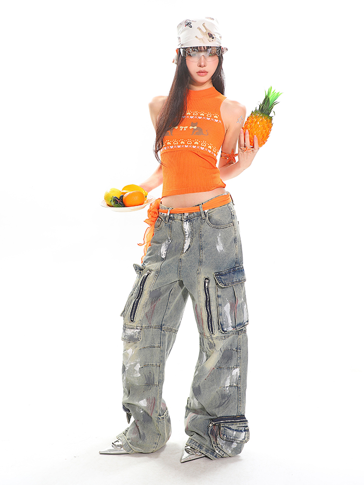 Heavyweight Water-Washed Vintage Multi-Pocket Straight-Leg Work Pants for Women - Summer Graffiti Loose Slimming Style Heavyweight Water-Washed Vintage Multi-Pocket Straight-Leg Work Pants for Women - Summer Graffiti Loose Slimming Style