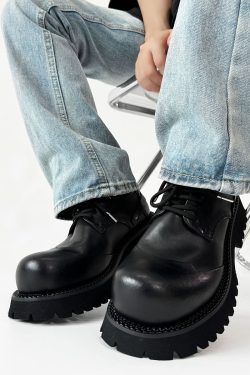 Height-Increasing Black Genuine Leather Derby Shoes for Men & Women, Thick-Soled Pointed-Toe Dress Shoes, Mickey Mouse Design