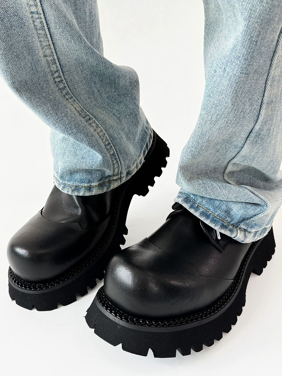 Height-Increasing Black Genuine Leather Derby Shoes for Men & Women, Thick-Soled Pointed-Toe Dress Shoes, Mickey Mouse Design Height-Increasing Black Genuine Leather Derby Shoes for Men & Women, Thick-Soled Pointed-Toe Dress Shoes, Mickey Mouse Design