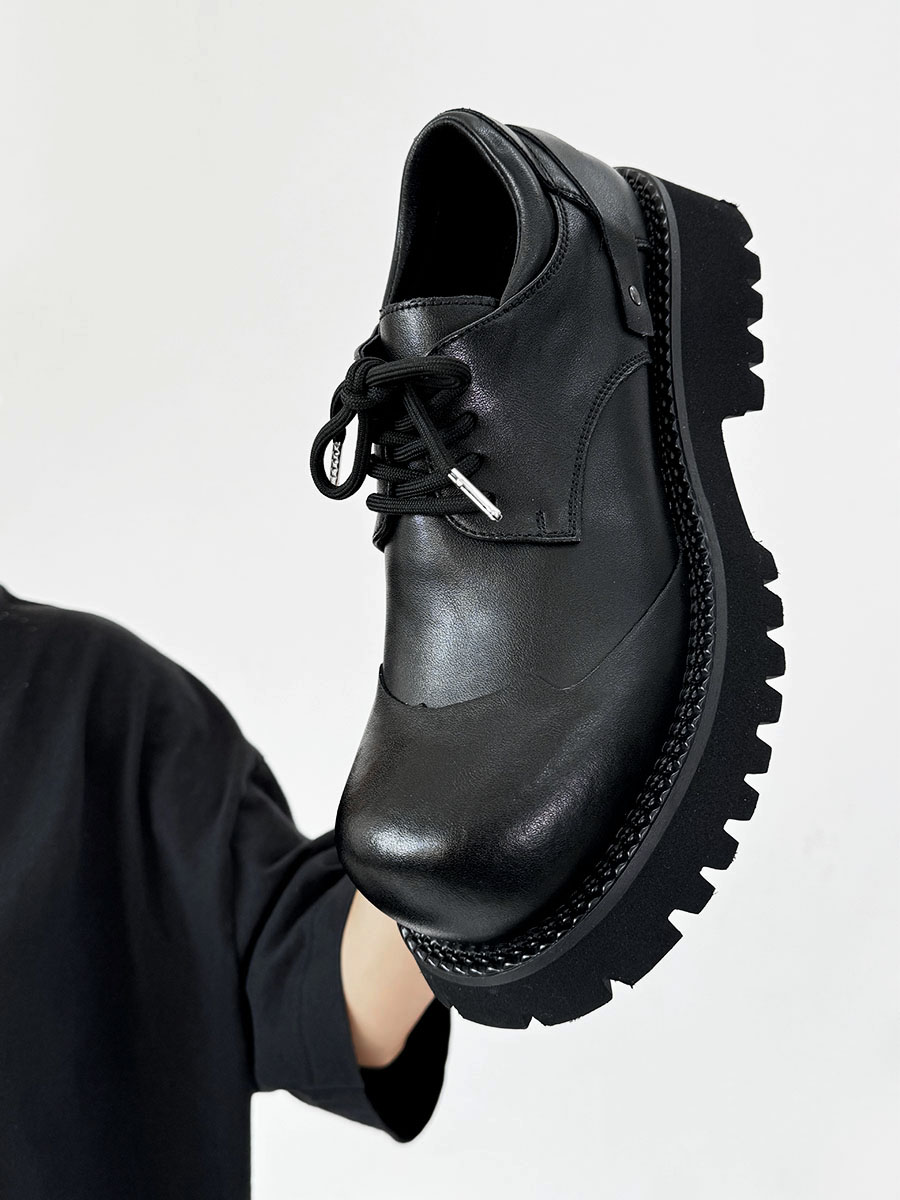 Height-Increasing Black Genuine Leather Derby Shoes for Men & Women, Thick-Soled Pointed-Toe Dress Shoes, Mickey Mouse Design Height-Increasing Black Genuine Leather Derby Shoes for Men & Women, Thick-Soled Pointed-Toe Dress Shoes, Mickey Mouse Design