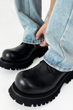 Height-Increasing Black Genuine Leather Derby Shoes for Men & Women, Thick-Soled Pointed-Toe Dress Shoes, Mickey Mouse Design